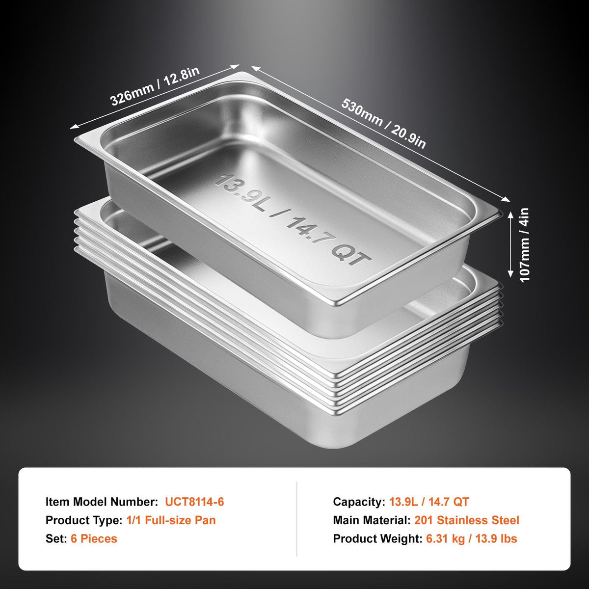 6 Pack Hotel Pans, Full Size Anti-Jam Steam Pan, 0.8mm Thick Stainless Steel Restaurant Steam Table Pan, 4-Inch Deep Commercial Table Pan, Catering Storage Food Pan, for Industrial & Scientific