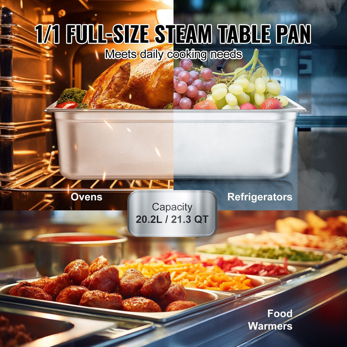 6 Pack Hotel Pans, Full Size Anti-Jam Steam Pan, 0.8mm Thick Stainless Steel Restaurant Steam Table Pan, 6-Inch Deep Commercial Table Pan, Catering Storage Food Pan, for Industrial & Scientific