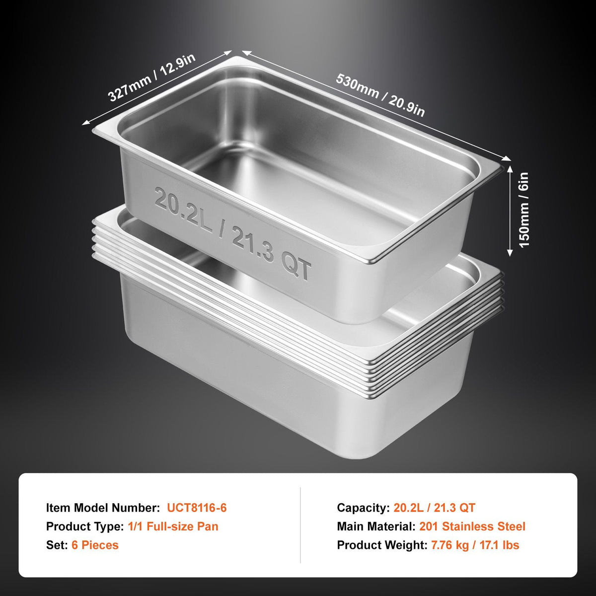 6 Pack Hotel Pans, Full Size Anti-Jam Steam Pan, 0.8mm Thick Stainless Steel Restaurant Steam Table Pan, 6-Inch Deep Commercial Table Pan, Catering Storage Food Pan, for Industrial & Scientific