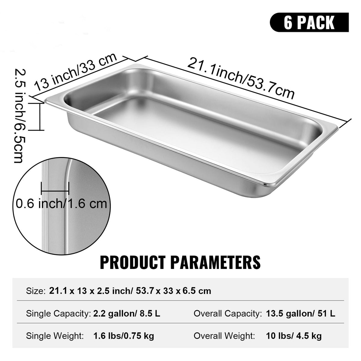 6 Pack Steam Table Pans 20.9 x 12.8 x 2.6 Inch Deep Steam Table Pan Full Size 8.5L Deep Food Container Stainless Steel Oven Tray Hotel Pans Anti-Jam Steam Table Food Pan