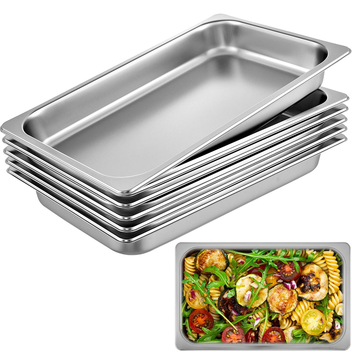 6 Pack Steam Table Pans 20.9 x 12.8 x 2.6 Inch Deep Steam Table Pan Full Size 8.5L Deep Food Container Stainless Steel Oven Tray Hotel Pans Anti-Jam Steam Table Food Pan