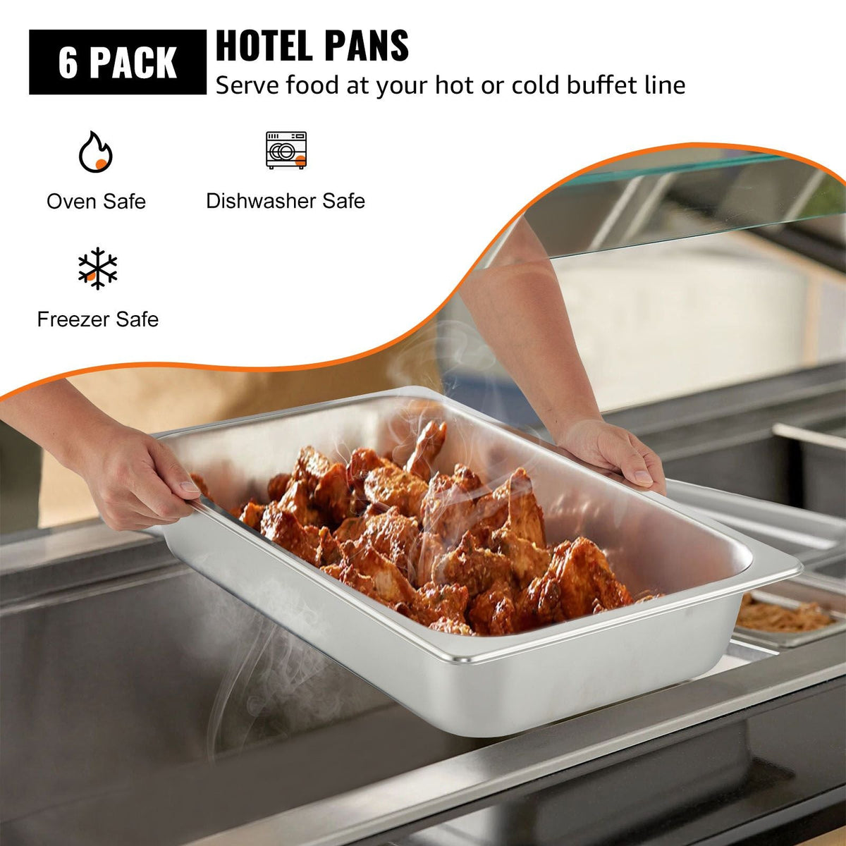 6 Pack Steam Table Pans 20.9 x 12.8 x 3.9 Inch Deep Steam Table Pan Full Size 13L Deep Food Container Stainless Steel Oven Tray Hotel Pans Anti-Jam Steam Table Food Pan