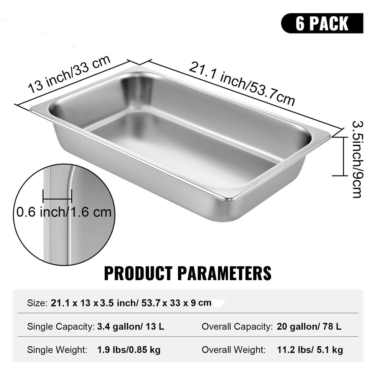 6 Pack Steam Table Pans 20.9 x 12.8 x 3.9 Inch Deep Steam Table Pan Full Size 13L Deep Food Container Stainless Steel Oven Tray Hotel Pans Anti-Jam Steam Table Food Pan
