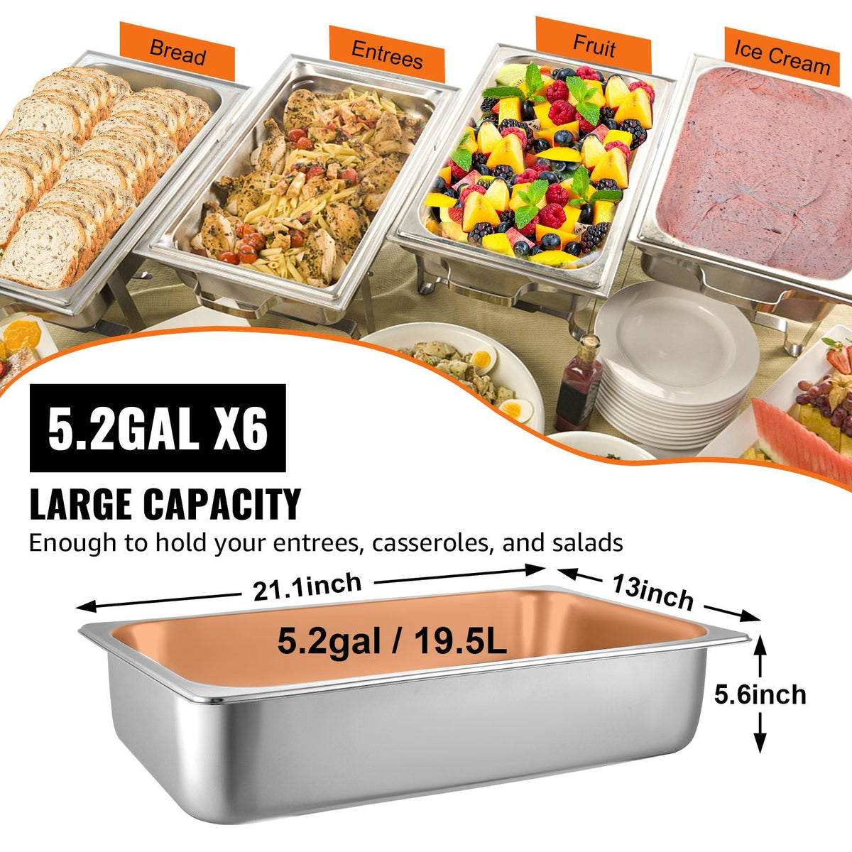 6 Pack Steam Table Pans 20.9 x 12.8 x 5.9 Inch Deep Steam Table Pan Full Size 20.5L Deep Food Container Stainless Steel Oven Tray Hotel Pans Anti-Jam Steam Table Food Pan