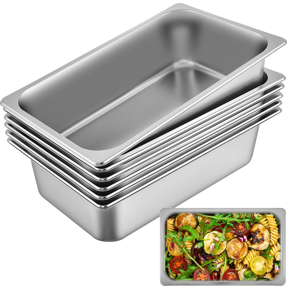 6 Pack Steam Table Pans 20.9 x 12.8 x 5.9 Inch Deep Steam Table Pan Full Size 20.5L Deep Food Container Stainless Steel Oven Tray Hotel Pans Anti-Jam Steam Table Food Pan