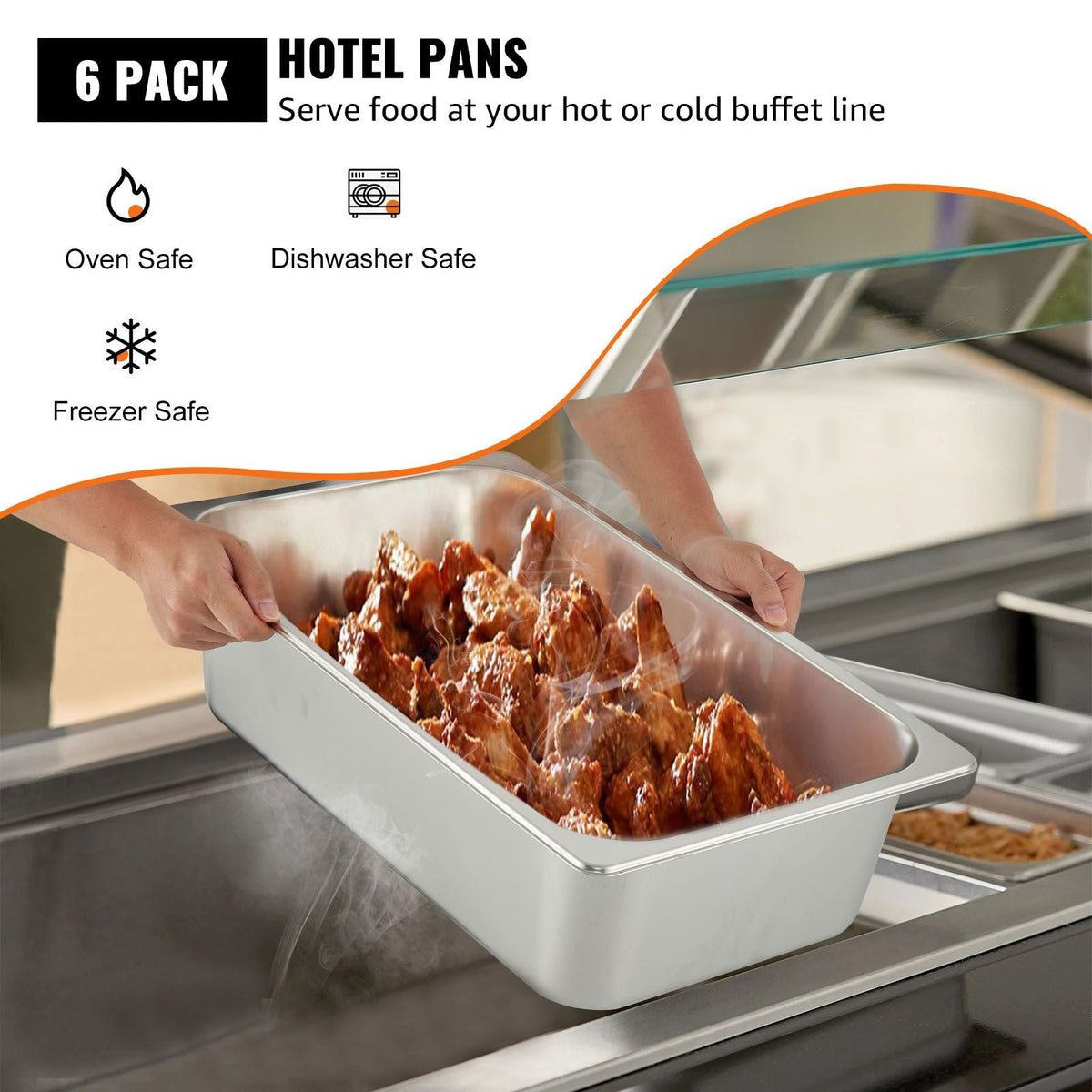 6 Pack Steam Table Pans 20.9 x 12.8 x 5.9 Inch Deep Steam Table Pan Full Size 20.5L Deep Food Container Stainless Steel Oven Tray Hotel Pans Anti-Jam Steam Table Food Pan