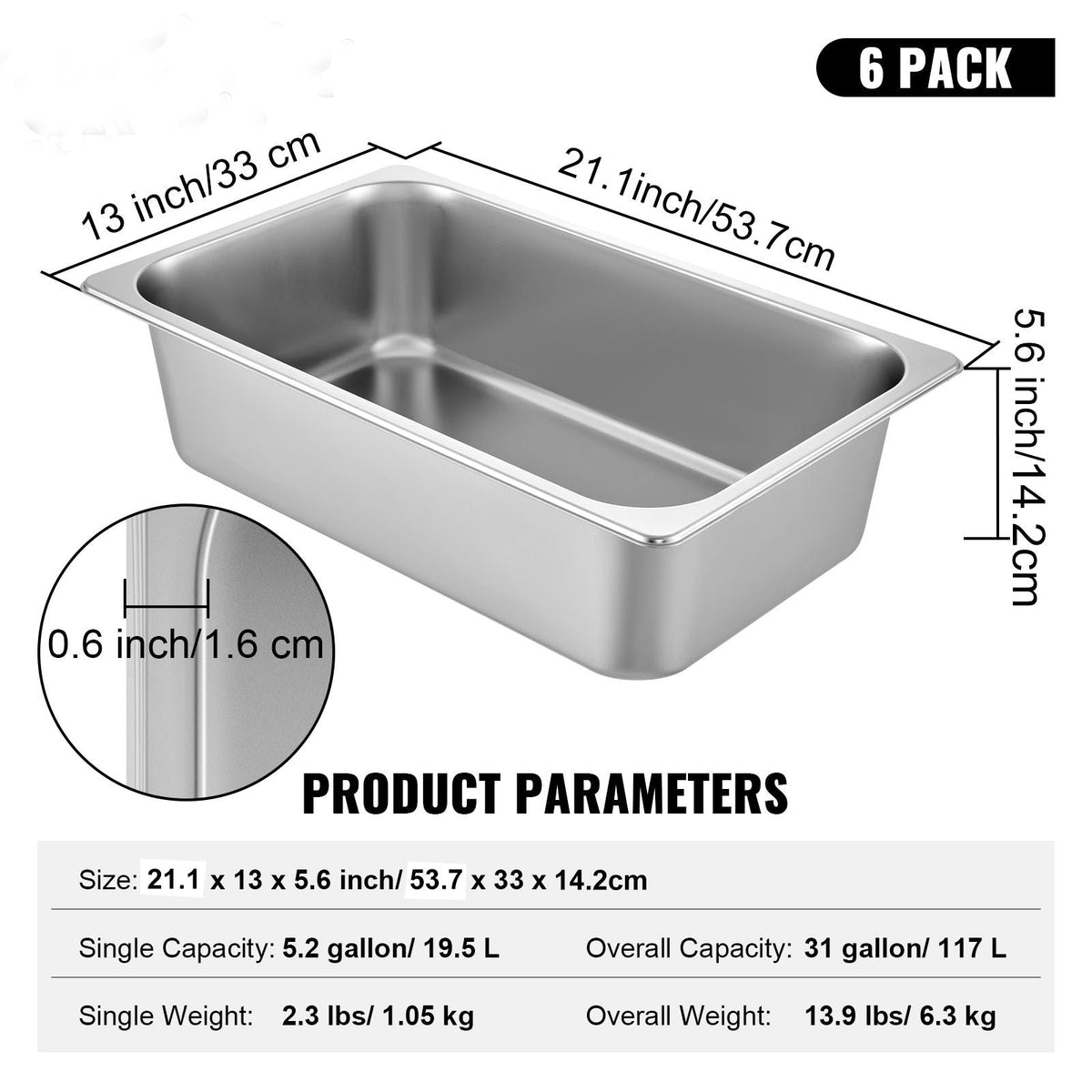 6 Pack Steam Table Pans 20.9 x 12.8 x 5.9 Inch Deep Steam Table Pan Full Size 20.5L Deep Food Container Stainless Steel Oven Tray Hotel Pans Anti-Jam Steam Table Food Pan