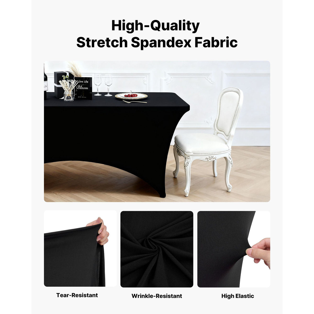 6 Pack Table Cloth for 8FT Rectangular Fitted Events, Wrinkle-Resistant Stretch Black Table Covers, Washable Spandex Tablecloth Protector, for Party, Wedding, Cocktail, Banquet, Festival