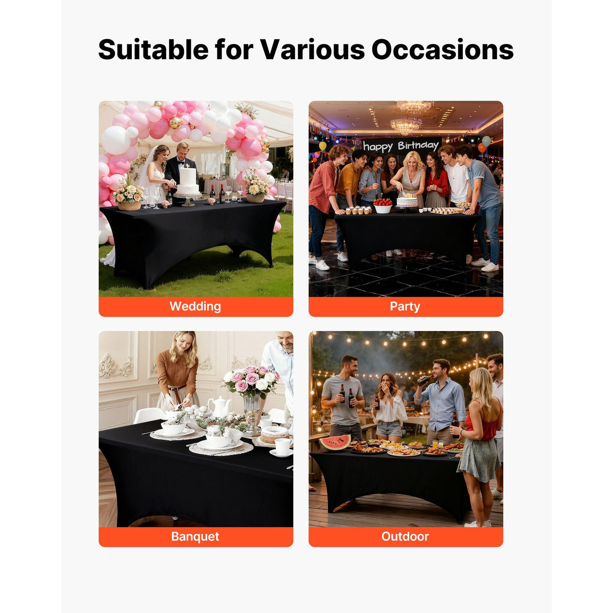 6 Pack Table Cloth for 8FT Rectangular Fitted Events, Wrinkle-Resistant Stretch Black Table Covers, Washable Spandex Tablecloth Protector, for Party, Wedding, Cocktail, Banquet, Festival