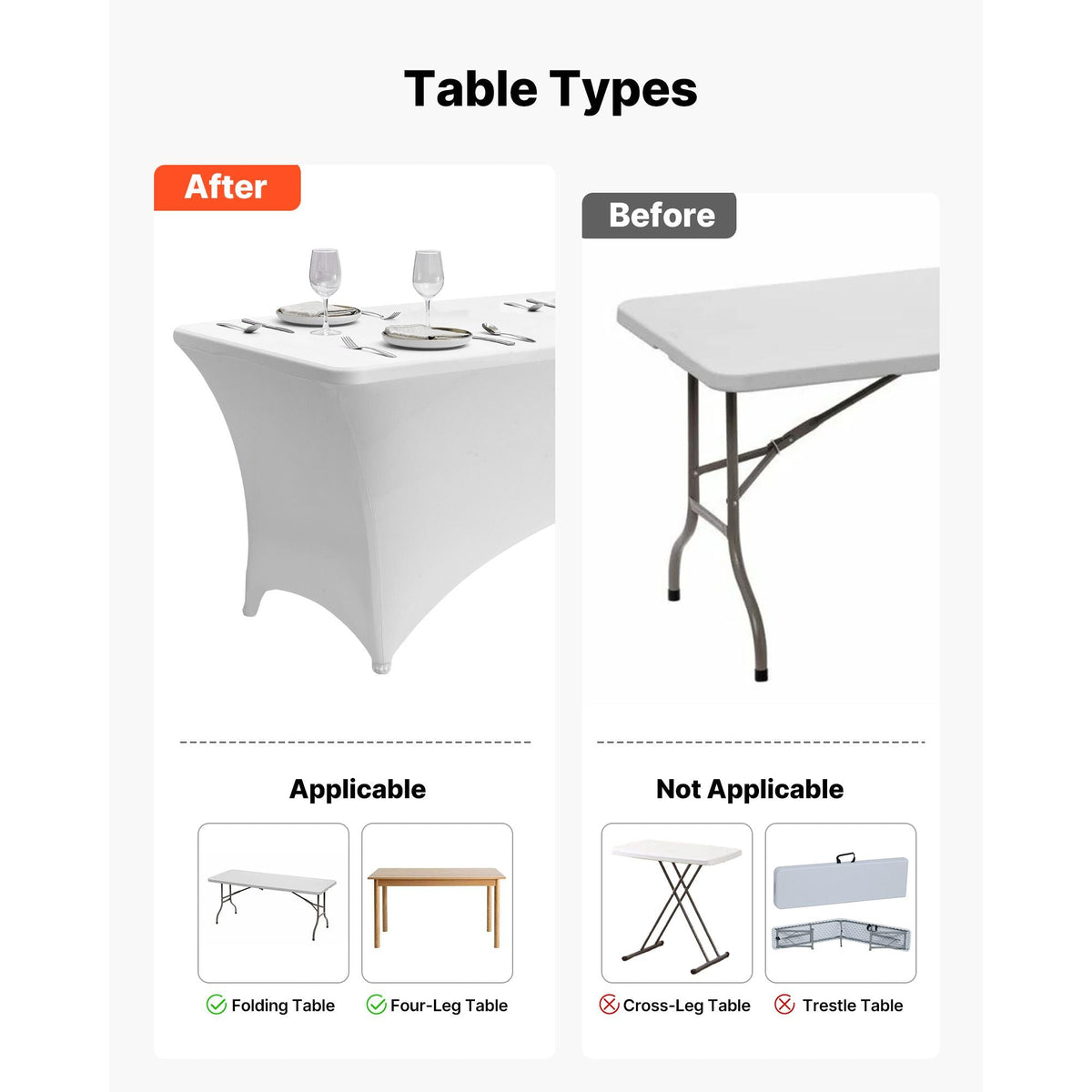 6 Pack Table Cloth for 8FT Rectangular Fitted Events, Wrinkle-Resistant Stretch White Table Covers, Washable Spandex Tablecloth Protector, for Party, Wedding, Cocktail, Banquet, Festival