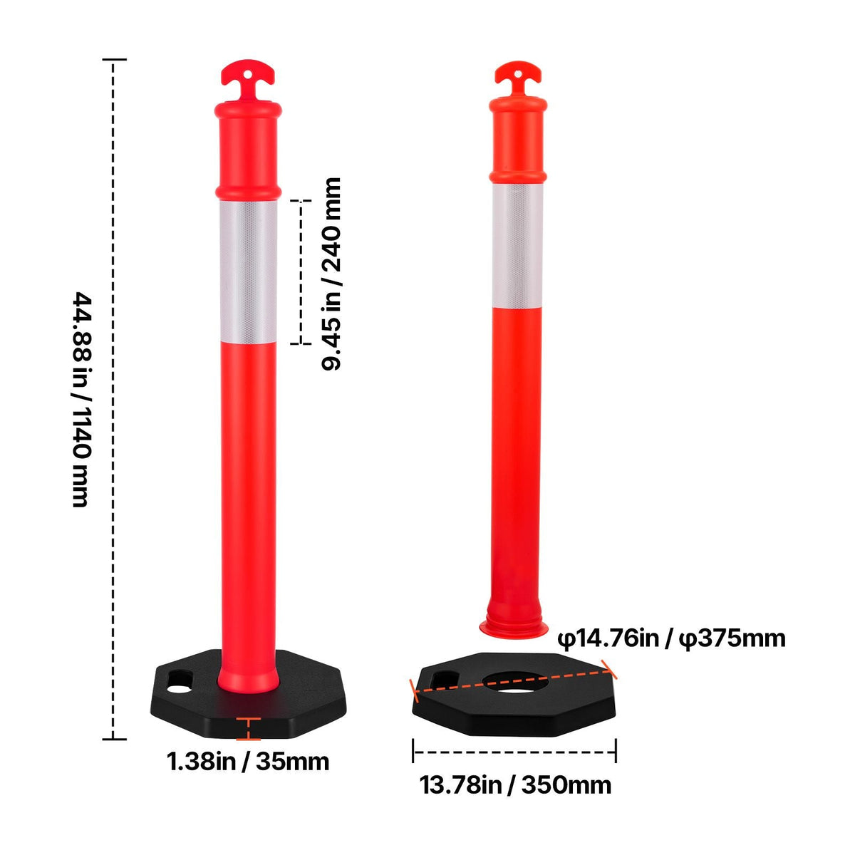 6 Pack Traffic Delineator Posts, 48 inches Traffic Safety Cones with Weighted Base and Reflective Strips, Heavy Duty Delineator Posts for Construction Site, Parking Lot, Crowd Control, Red