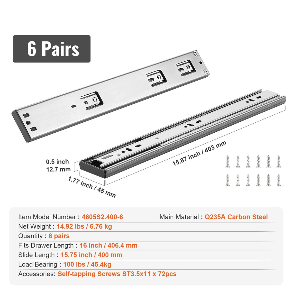 6 Pairs of 16 Inch Drawer Slides Side Mount Rails, Heavy Duty Full Extension Steel Track, Soft-Close Noiseless Guide Glides Cabinet Kitchen Runners with Ball Bearing, 100 Lbs Load Capacity