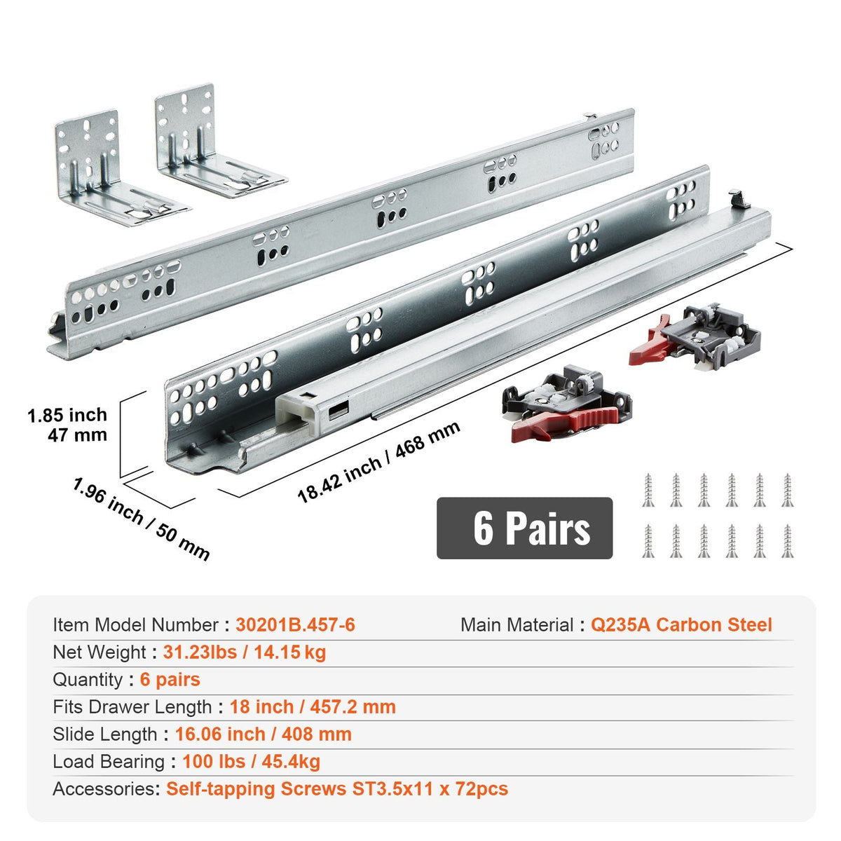 6 Pairs of 18 Inch Drawer Bottom Side Mount Rails, Heavy Duty Full Ball Bearing Extension Steel Track, Soft-Close Noiseless Guide Glides Cabinet Kitchen Runners with Locking Mechanism, 100 Lbs