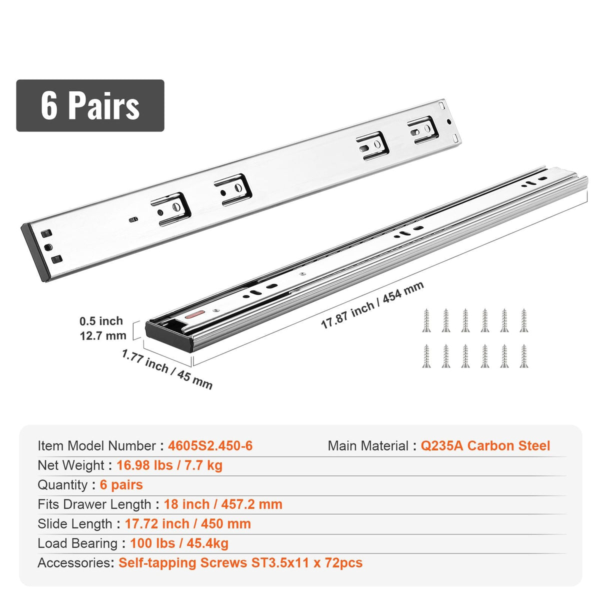 6 Pairs of 18 Inch Drawer Slides Side Mount Rails, Heavy Duty Full Extension Steel Track, Soft-Close Noiseless Guide Glides Cabinet Kitchen Runners with Ball Bearing, 100 Lbs Load Capacity
