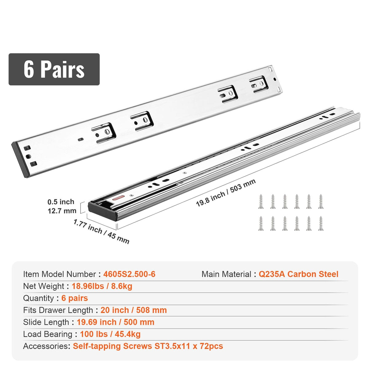 6 Pairs of 20 Inch Drawer Slides Side Mount Rails, Heavy Duty Full Extension Steel Track, Soft-Close Noiseless Guide Glides Cabinet Kitchen Runners with Ball Bearing, 100 Lbs Load Capacity
