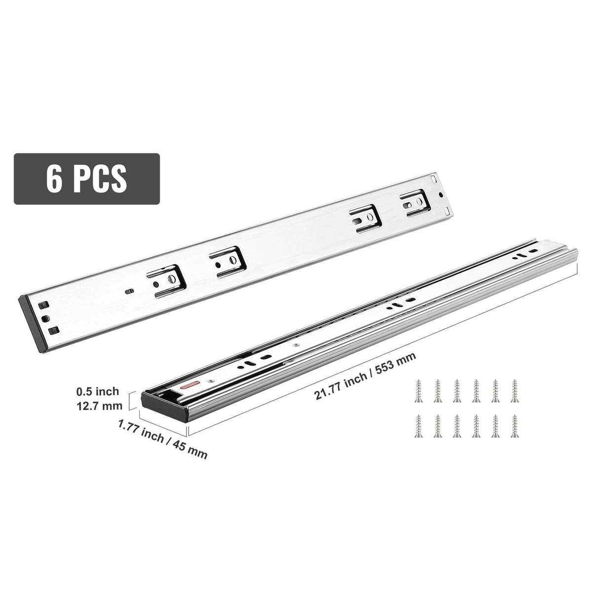 6 Pairs of 22 Inch Drawer Slides Side Mount Rails, Heavy Duty Full Extension Steel Track, Soft-Close Noiseless Guide Glides Cabinet Kitchen Runners with Ball Bearing, 100 Lbs Load Capacity