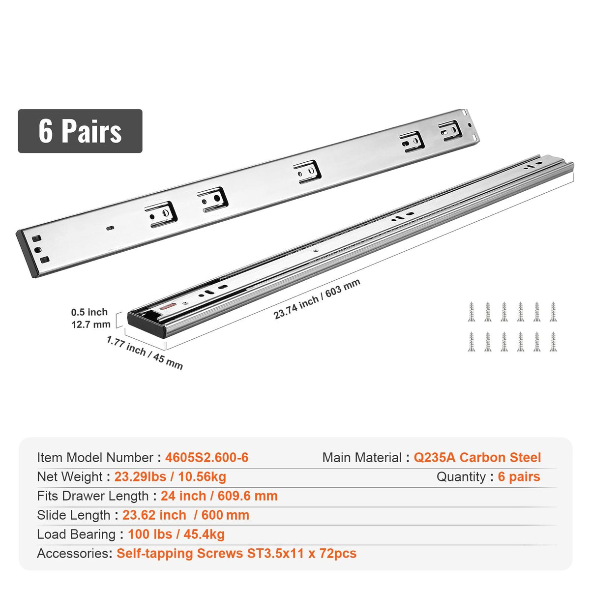 6 Pairs of 24 Inch Drawer Slides Side Mount Rails, Heavy Duty Full Extension Steel Track, Soft-Close Noiseless Guide Glides Cabinet Kitchen Runners with Ball Bearing, 100 Lbs Load Capacity