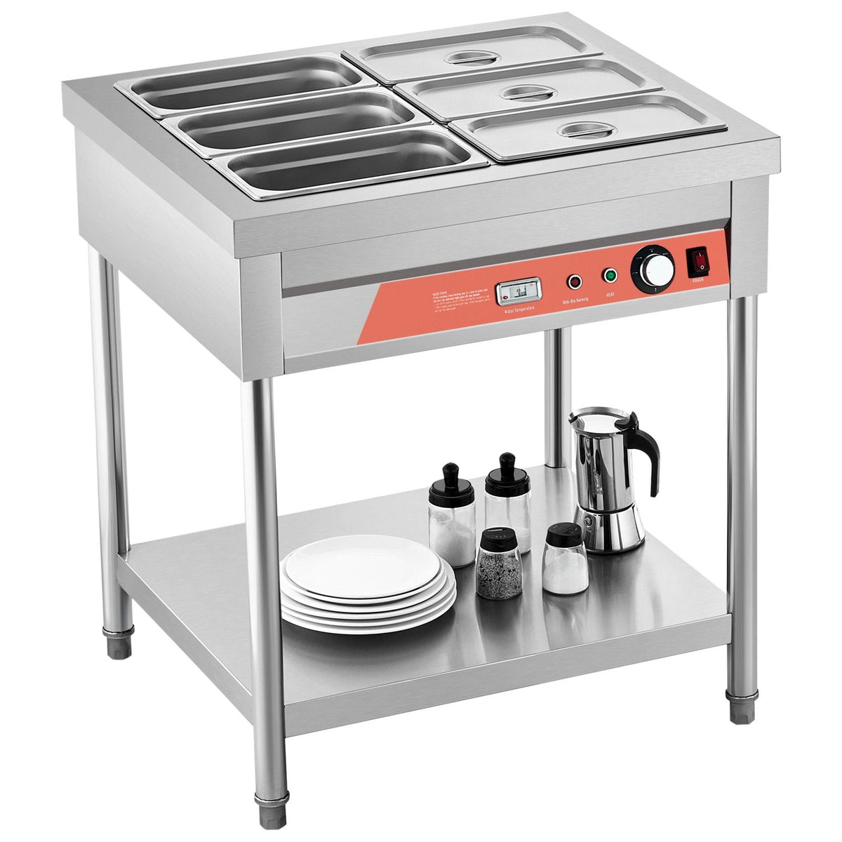 6-Pan Commercial Food Warmer, 6 x 1/3 Pans Electric Steam Table, 1500W Professional Buffet Catering Food Warmer with Undershelf, Stainless Steel Server for Restaurant Party Hotel