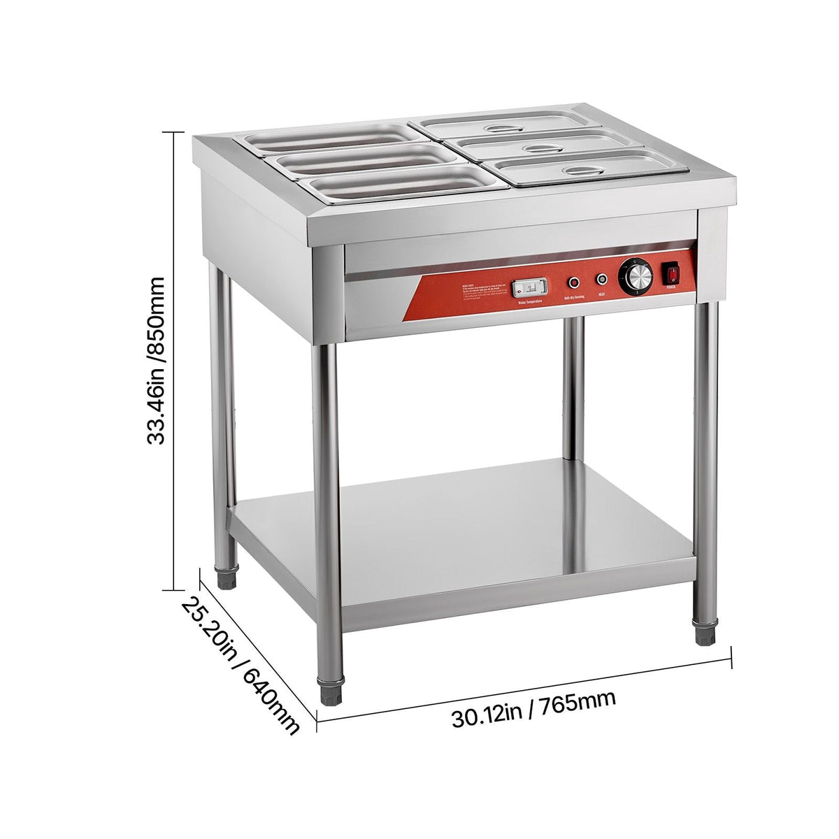 6-Pan Commercial Food Warmer, 6 x 1/3 Pans Electric Steam Table, 1500W Professional Buffet Catering Food Warmer with Undershelf, Stainless Steel Server for Restaurant Party Hotel