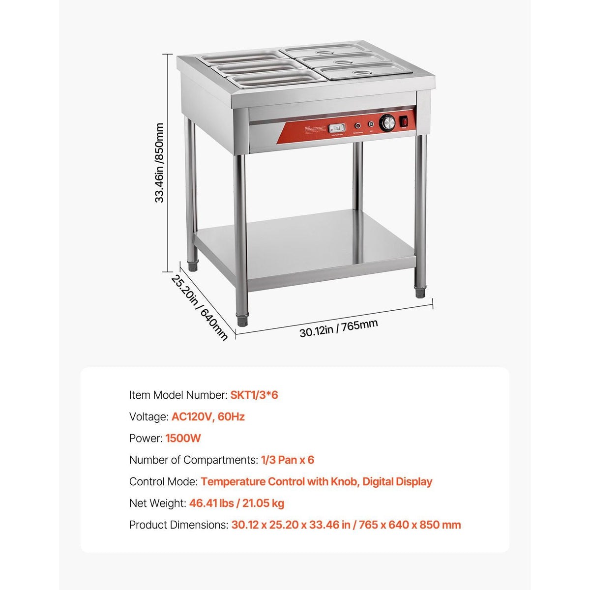 6-Pan Commercial Food Warmer, 6 x 1/3 Pans Electric Steam Table, 1500W Professional Buffet Catering Food Warmer with Undershelf, Stainless Steel Server for Restaurant Party Hotel