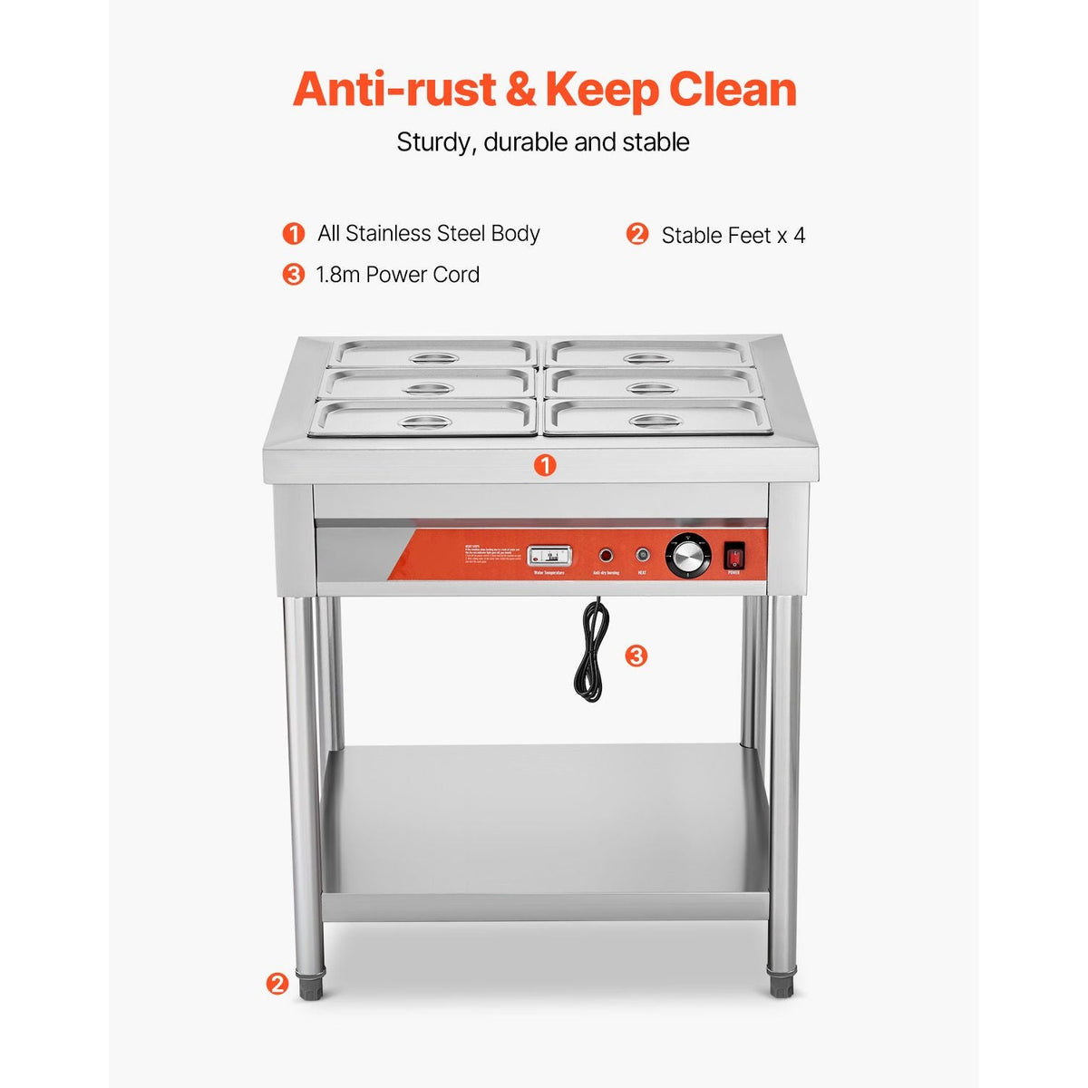 6-Pan Commercial Food Warmer, 6 x 1/3 Pans Electric Steam Table, 1500W Professional Buffet Catering Food Warmer with Undershelf, Stainless Steel Server for Restaurant Party Hotel