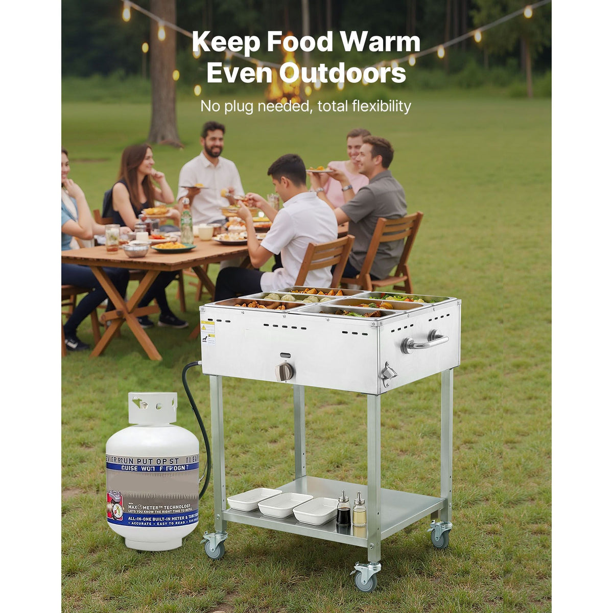 6-Pan Commercial Propane Steam Table, LP Gas Outdoor Soup Warmer with Drain Valve and 3" Wheels, Stainless Steel Propane Food Warmer with Adjustable Temperature, for Restaurant Outdoor Camping