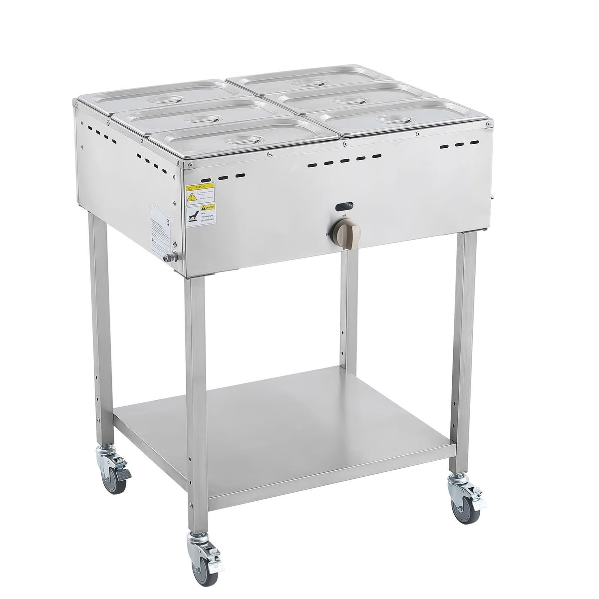 6-Pan Commercial Propane Steam Table, LP Gas Outdoor Soup Warmer with Drain Valve and 3" Wheels, Stainless Steel Propane Food Warmer with Adjustable Temperature, for Restaurant Outdoor Camping