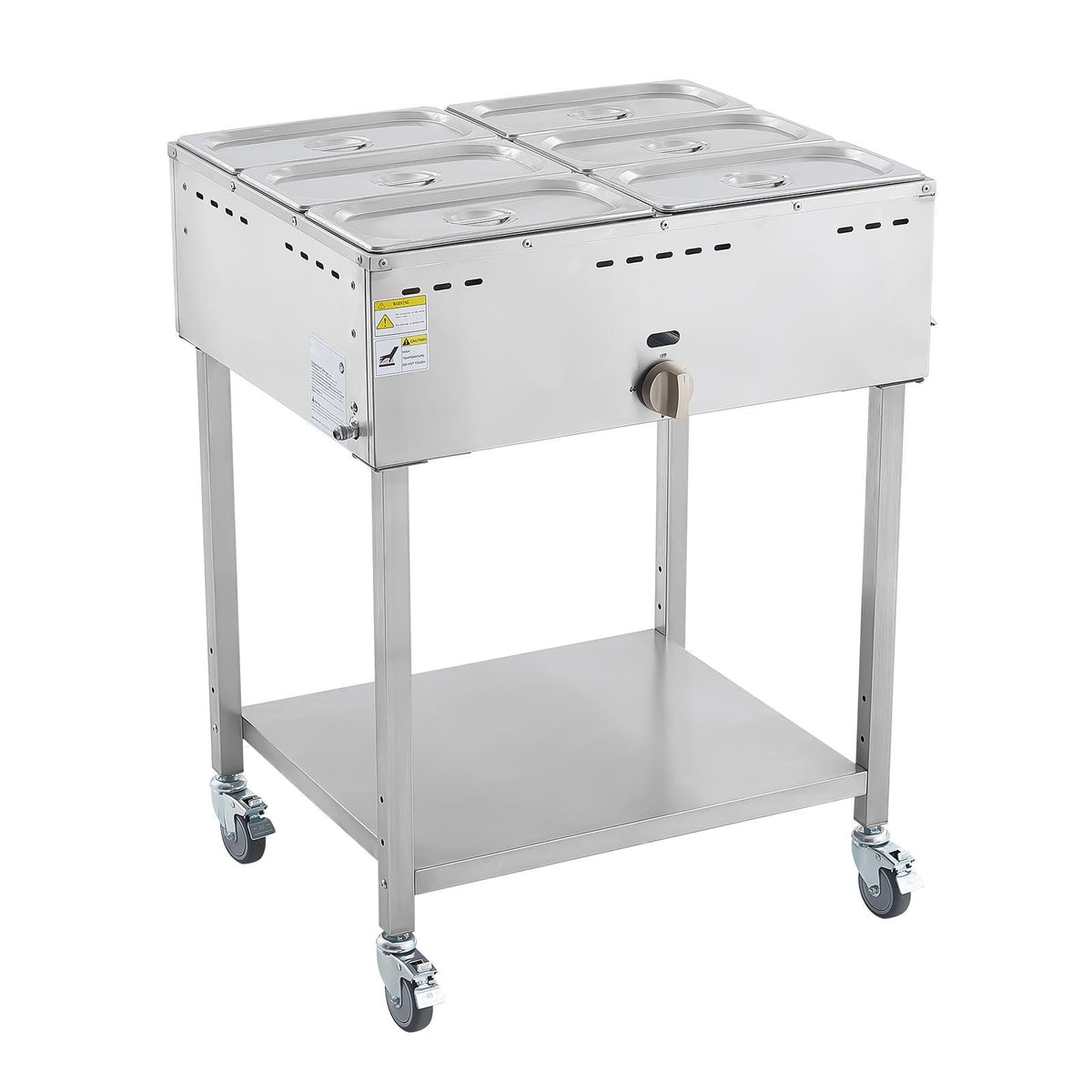 6-Pan Commercial Propane Steam Table, LP Gas Outdoor Soup Warmer with Drain Valve and 3" Wheels, Stainless Steel Propane Food Warmer with Adjustable Temperature, for Restaurant Outdoor Camping
