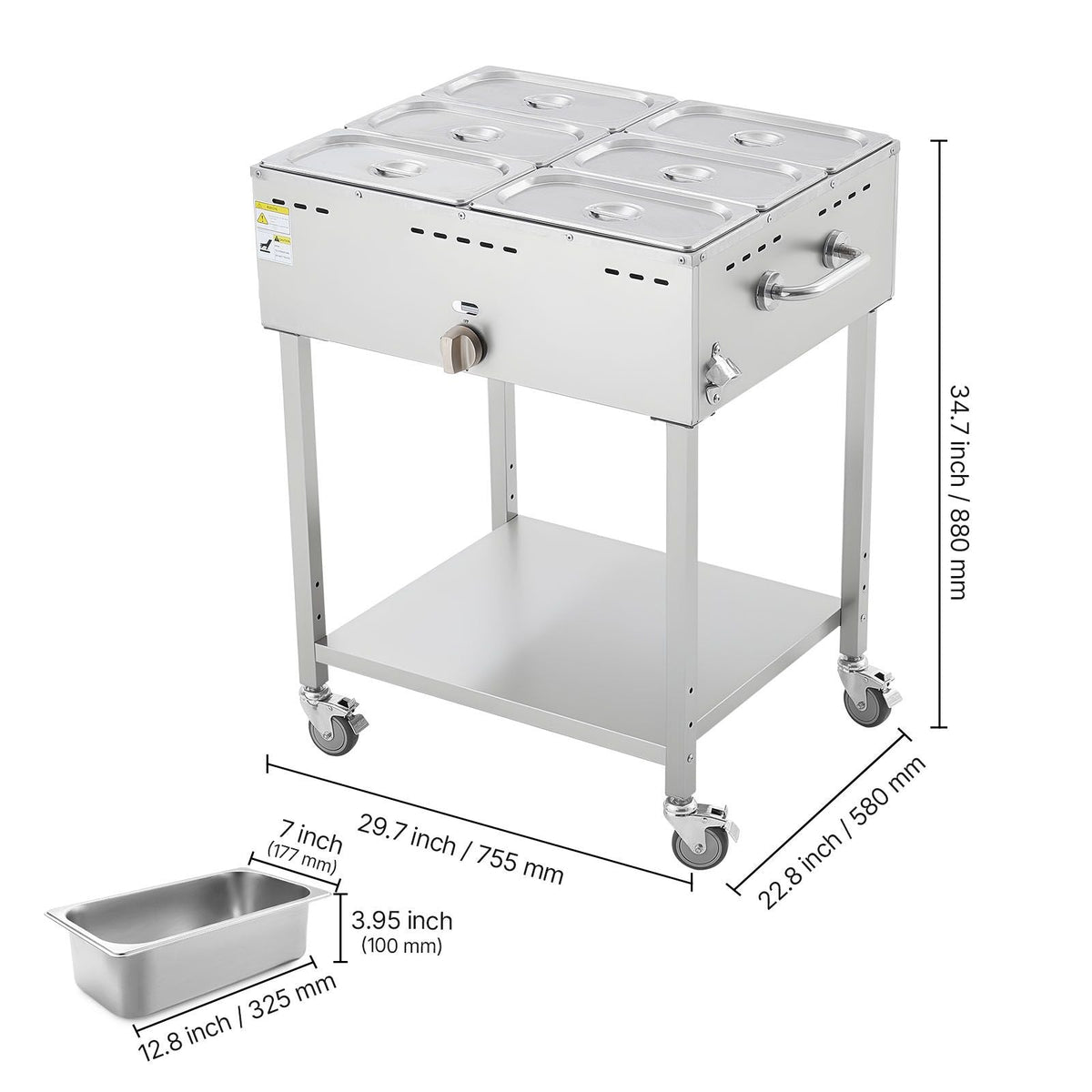 6-Pan Commercial Propane Steam Table, LP Gas Outdoor Soup Warmer with Drain Valve and 3" Wheels, Stainless Steel Propane Food Warmer with Adjustable Temperature, for Restaurant Outdoor Camping