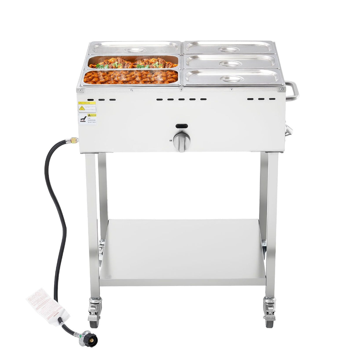 6-Pan Commercial Propane Steam Table, LP Gas Outdoor Soup Warmer with Drain Valve and 3" Wheels, Stainless Steel Propane Food Warmer with Adjustable Temperature, for Restaurant Outdoor Camping