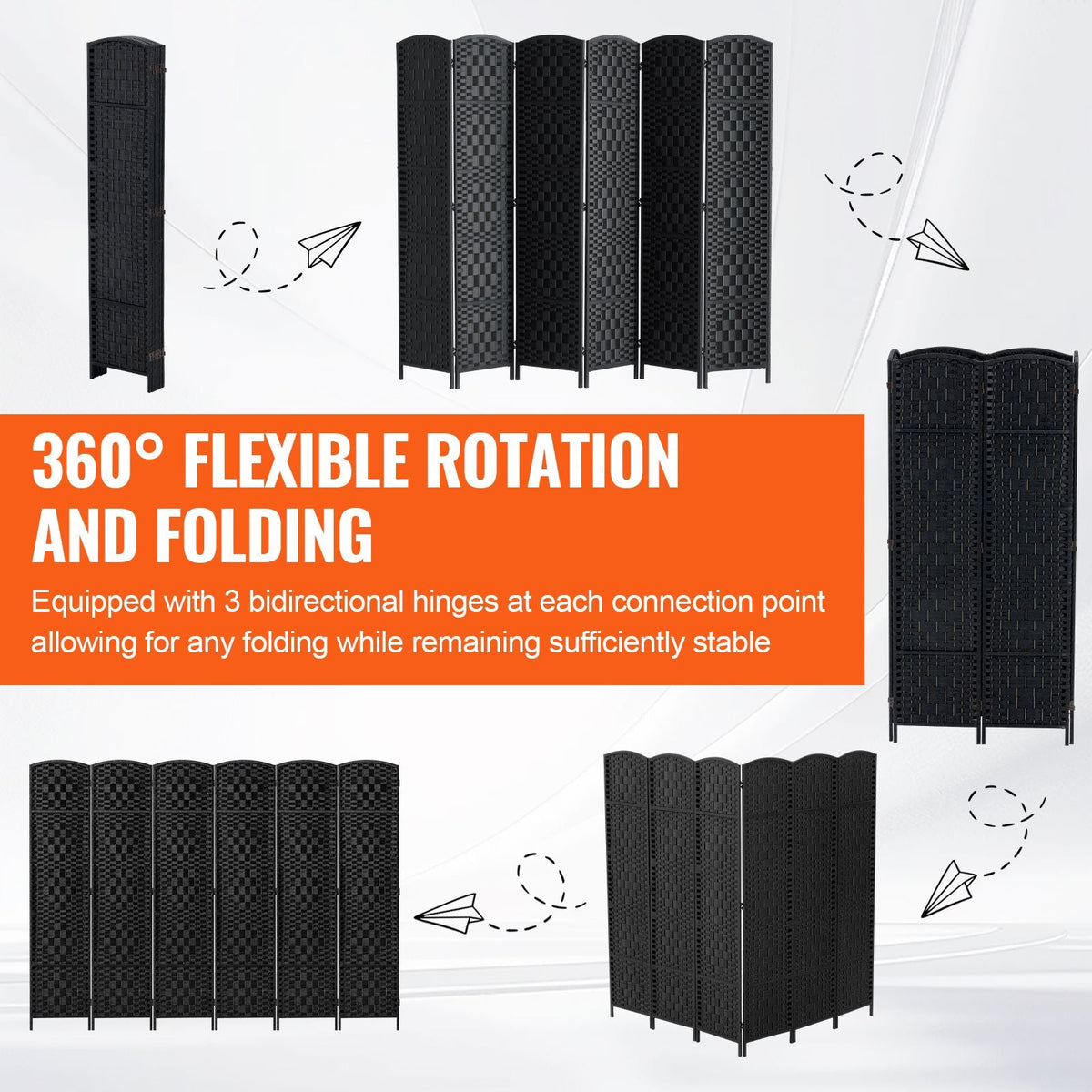 6 Panel Room Divider, Hand-Woven Folding Privacy Screens with Hinges, Portable and Freestanding Partition Room Dividers and Wall Divider for Room Separation, Black