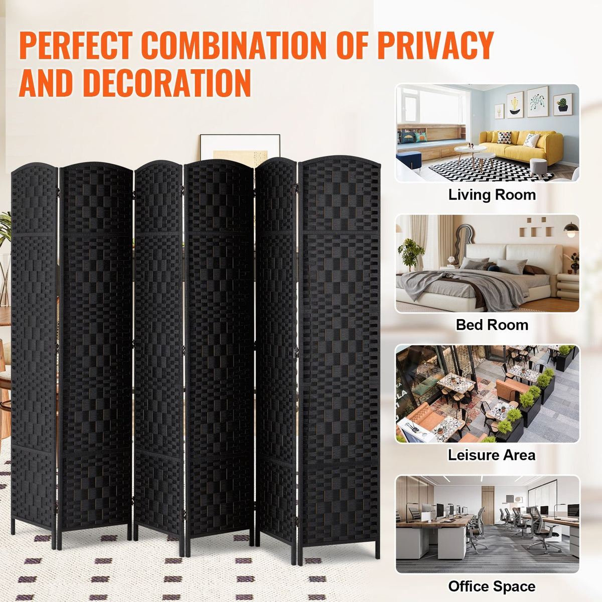 6 Panel Room Divider, Hand-Woven Folding Privacy Screens with Hinges, Portable and Freestanding Partition Room Dividers and Wall Divider for Room Separation, Black