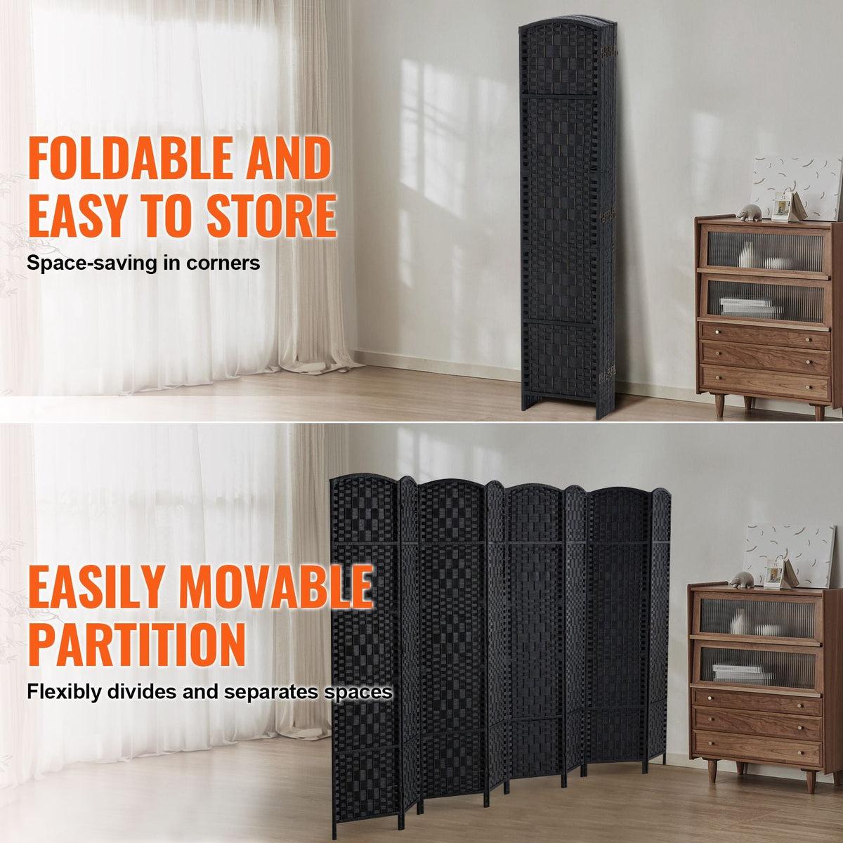 6 Panel Room Divider, Hand-Woven Folding Privacy Screens with Hinges, Portable and Freestanding Partition Room Dividers and Wall Divider for Room Separation, Black