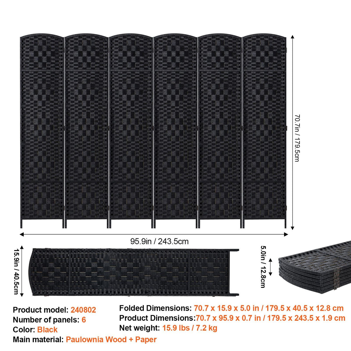 6 Panel Room Divider, Hand-Woven Folding Privacy Screens with Hinges, Portable and Freestanding Partition Room Dividers and Wall Divider for Room Separation, Black