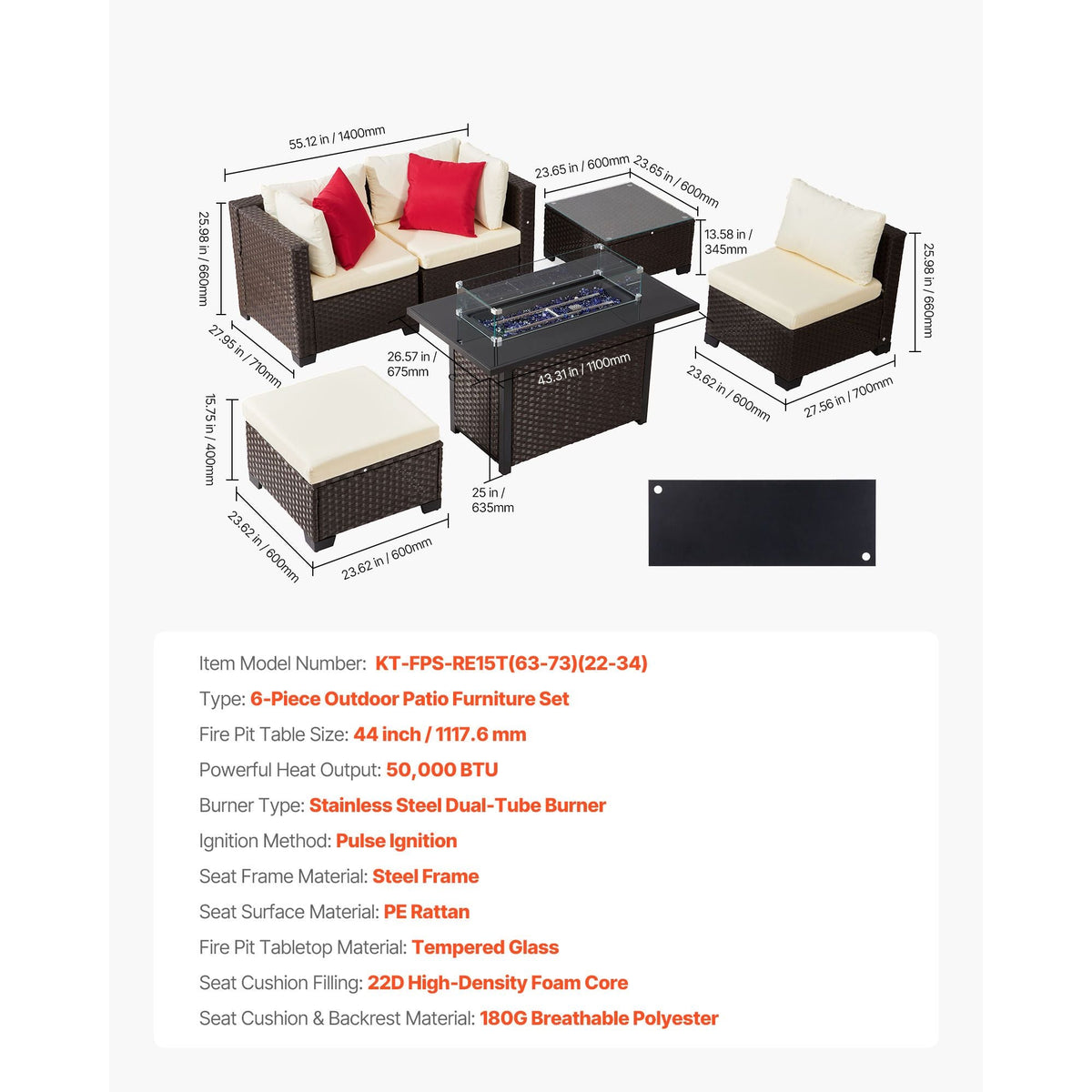 6-Piece Outdoor Patio Furniture Set, Wicker Rattan Outdoor Sectional Conversation Set with 50000BTU Propane Fire Pit Table, Cushioned Sofas, Coffee Table & Ottoman for Patio Garden Backyard