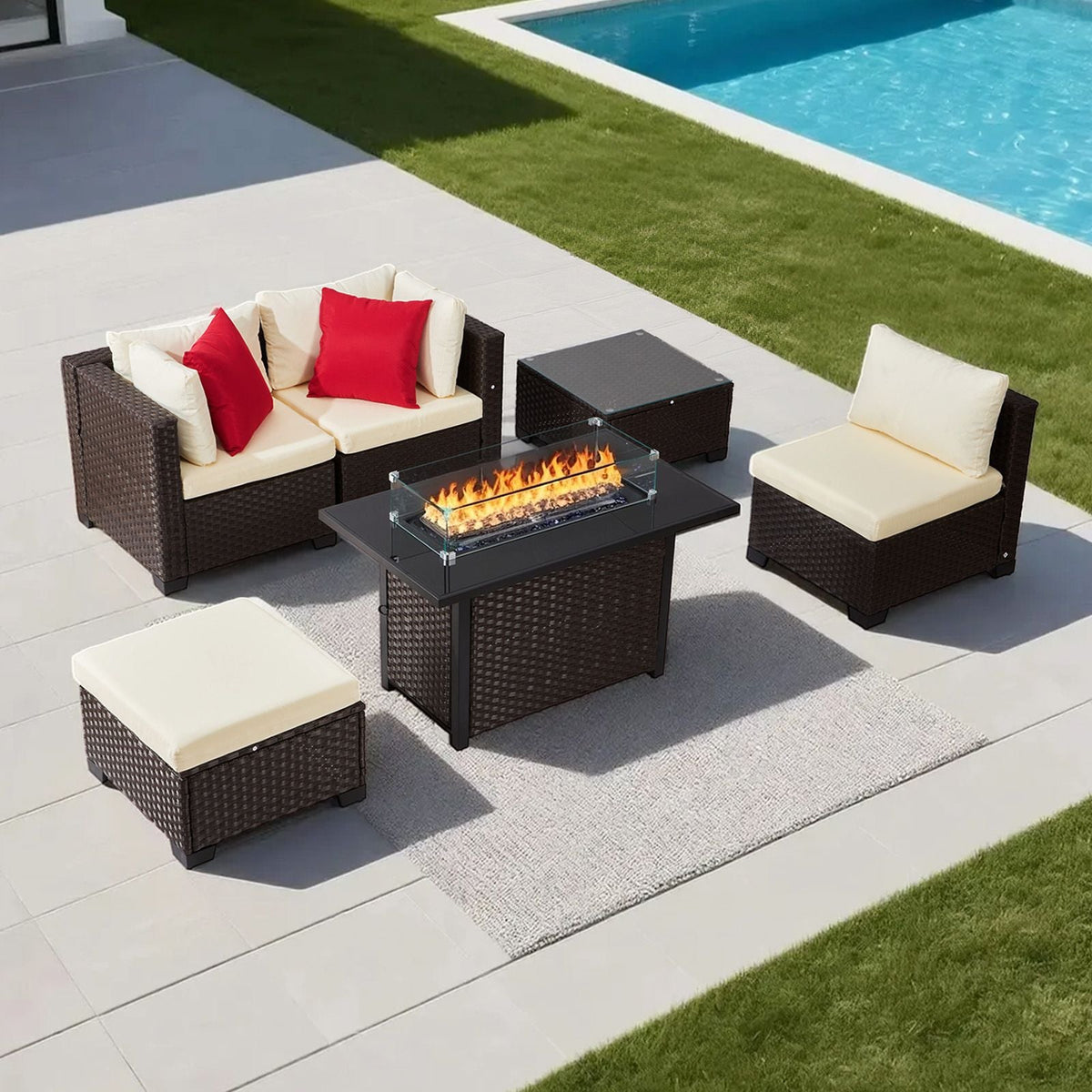 6-Piece Outdoor Patio Furniture Set, Wicker Rattan Outdoor Sectional Conversation Set with 50000BTU Propane Fire Pit Table, Cushioned Sofas, Coffee Table & Ottoman for Patio Garden Backyard