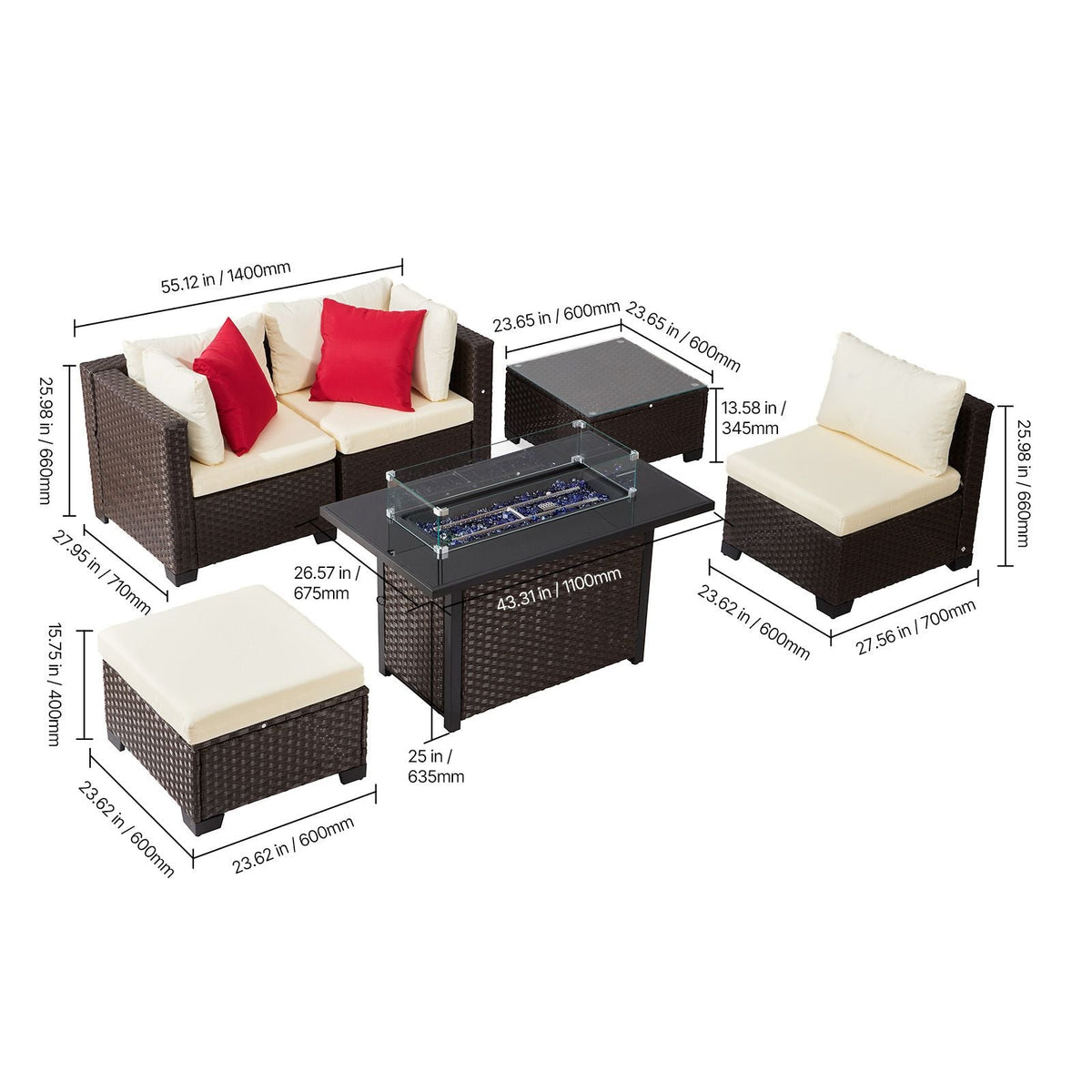 6-Piece Outdoor Patio Furniture Set, Wicker Rattan Outdoor Sectional Conversation Set with 50000BTU Propane Fire Pit Table, Cushioned Sofas, Coffee Table & Ottoman for Patio Garden Backyard
