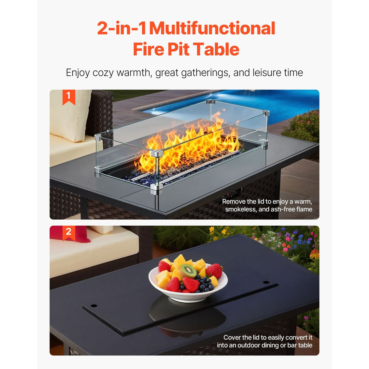6-Piece Outdoor Patio Furniture Set, Wicker Rattan Outdoor Sectional Conversation Set with 50000BTU Propane Fire Pit Table, Cushioned Sofas, Coffee Table & Ottoman for Patio Garden Backyard