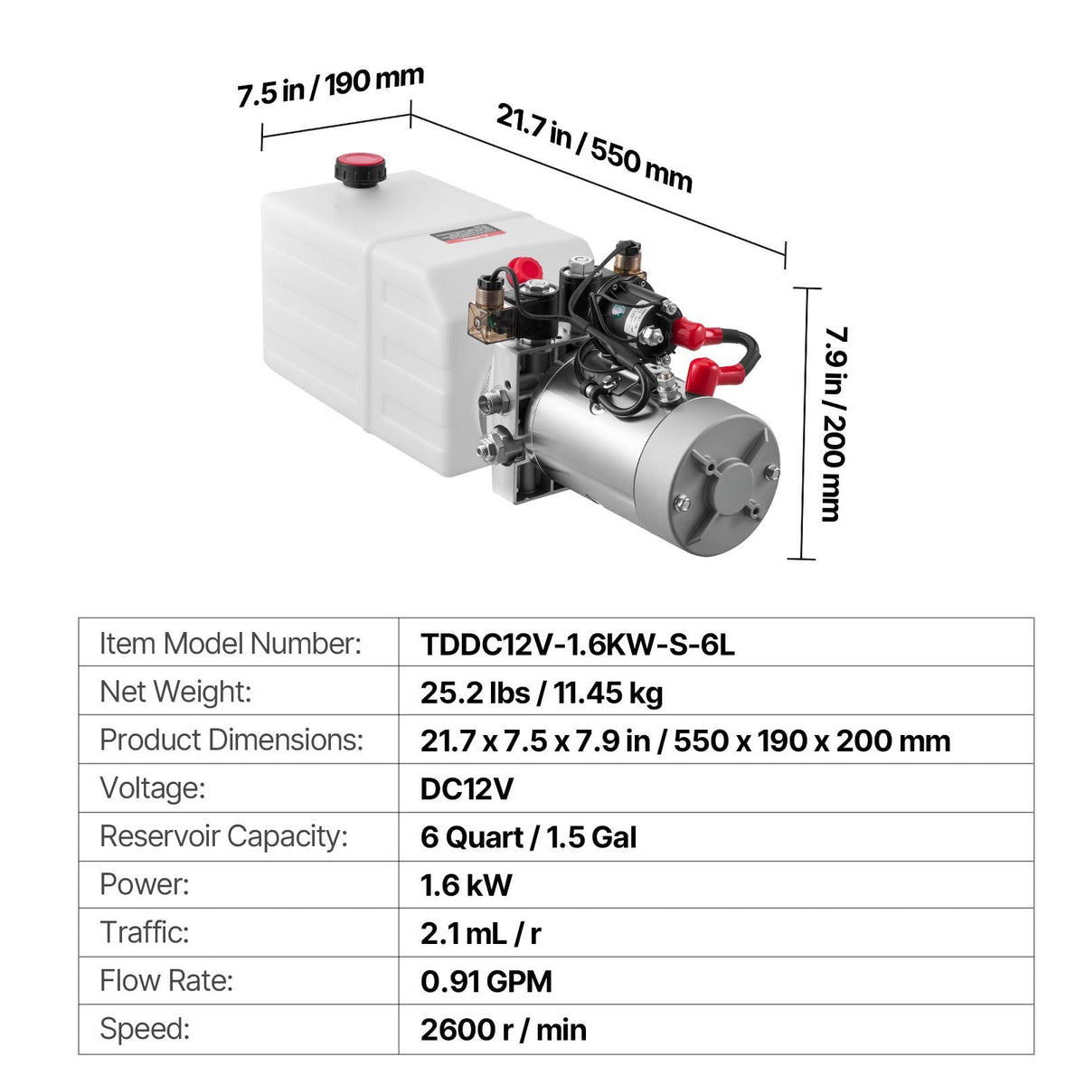 6 Quart Hydraulic Power Unit, Double Acting Dump Trailer Pump, 3200 PSI Max Relief Pressure & 0.91 GPM Flow Rate, DC 12V Hydraulic Pump with Metal Reservoir for Dump Trailer Car Lifting