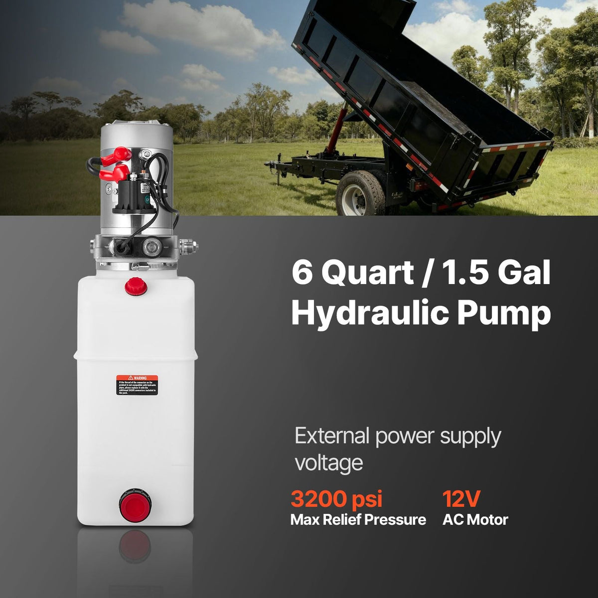 6 Quart Hydraulic Power Unit, Single Acting Dump Trailer Pump, 3200 PSI Max Relief Pressure & 0.91 GPM Flow Rate, DC 12V Hydraulic Pump with Metal Reservoir for Dump Trailer Car Lifting, White