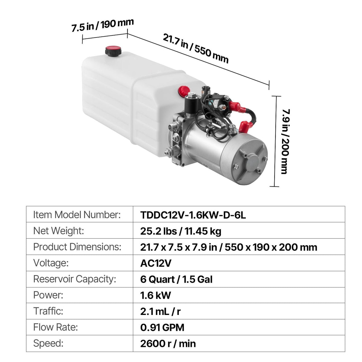 6 Quart Hydraulic Power Unit, Single Acting Dump Trailer Pump, 3200 PSI Max Relief Pressure & 0.91 GPM Flow Rate, DC 12V Hydraulic Pump with Metal Reservoir for Dump Trailer Car Lifting, White