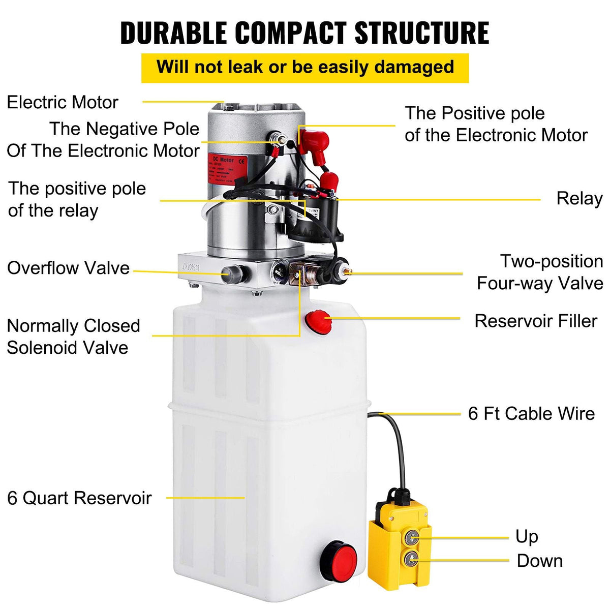 6 Quart Hydraulic Power Unit Single Acting Hydraulic Pump Dump Trailer 12V DC with 6L Metal Reservoir Hydraulic Power Pack for Car Lifting