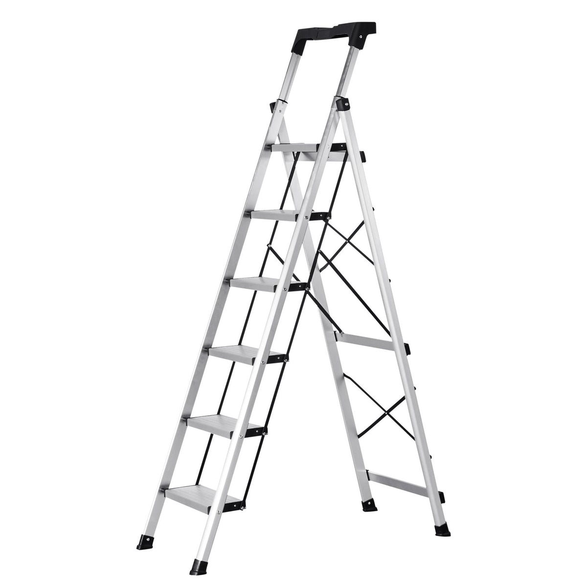 6 Step Ladder, Folding Step Stool with Wide Anti-Slip Pedal and Comfort Handgrip, 330 lbs Capacity Portable Aluminum Stepladder, Multi-Use for Kitchen, Warehouse, Household and Office, Silver