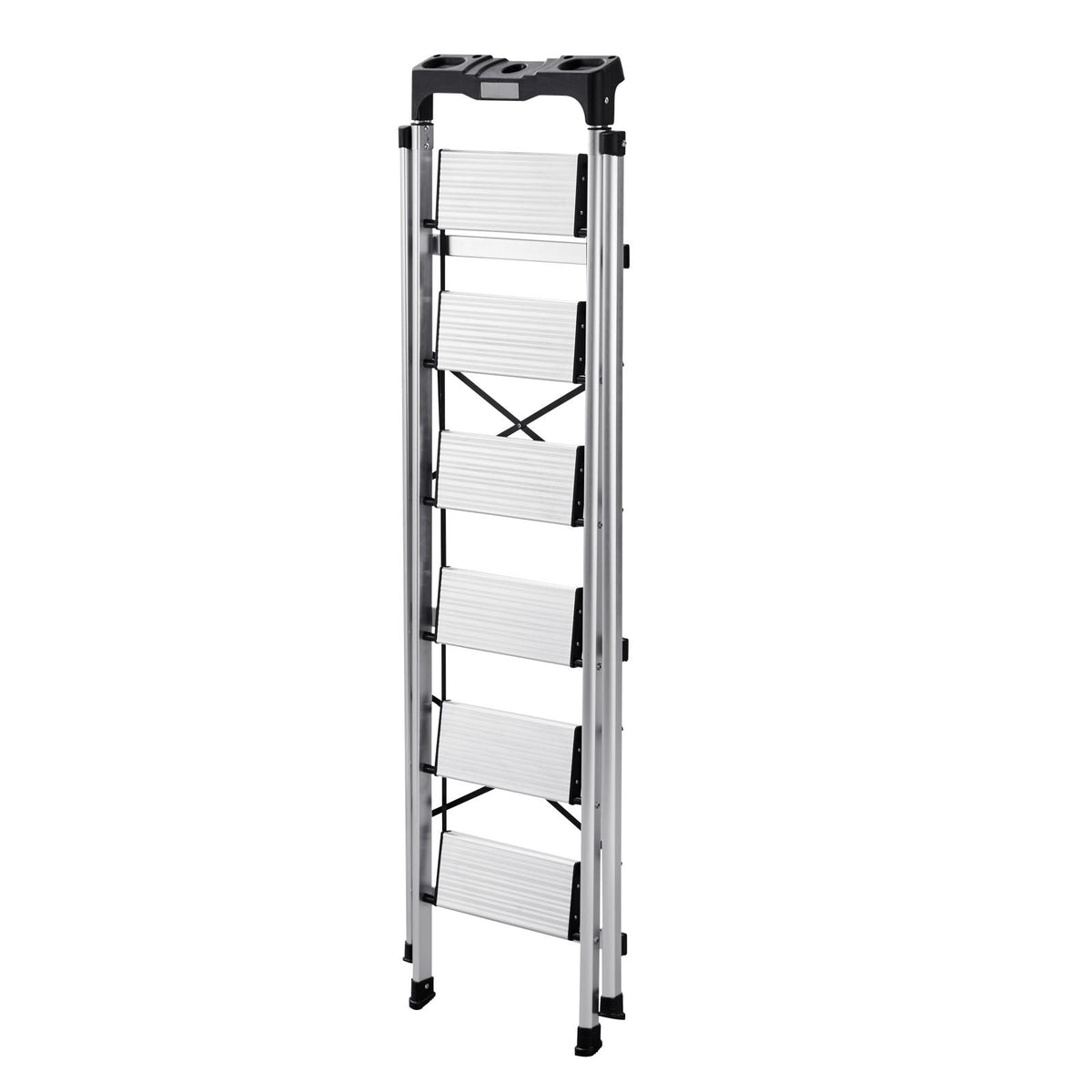 6 Step Ladder, Folding Step Stool with Wide Anti-Slip Pedal and Comfort Handgrip, 330 lbs Capacity Portable Aluminum Stepladder, Multi-Use for Kitchen, Warehouse, Household and Office, Silver