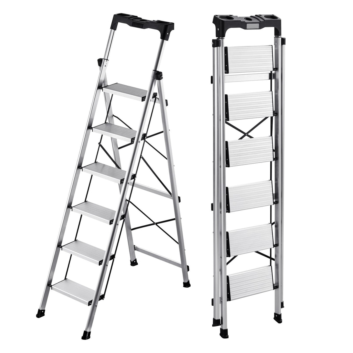 6 Step Ladder, Folding Step Stool with Wide Anti-Slip Pedal and Comfort Handgrip, 330 lbs Capacity Portable Aluminum Stepladder, Multi-Use for Kitchen, Warehouse, Household and Office, Silver