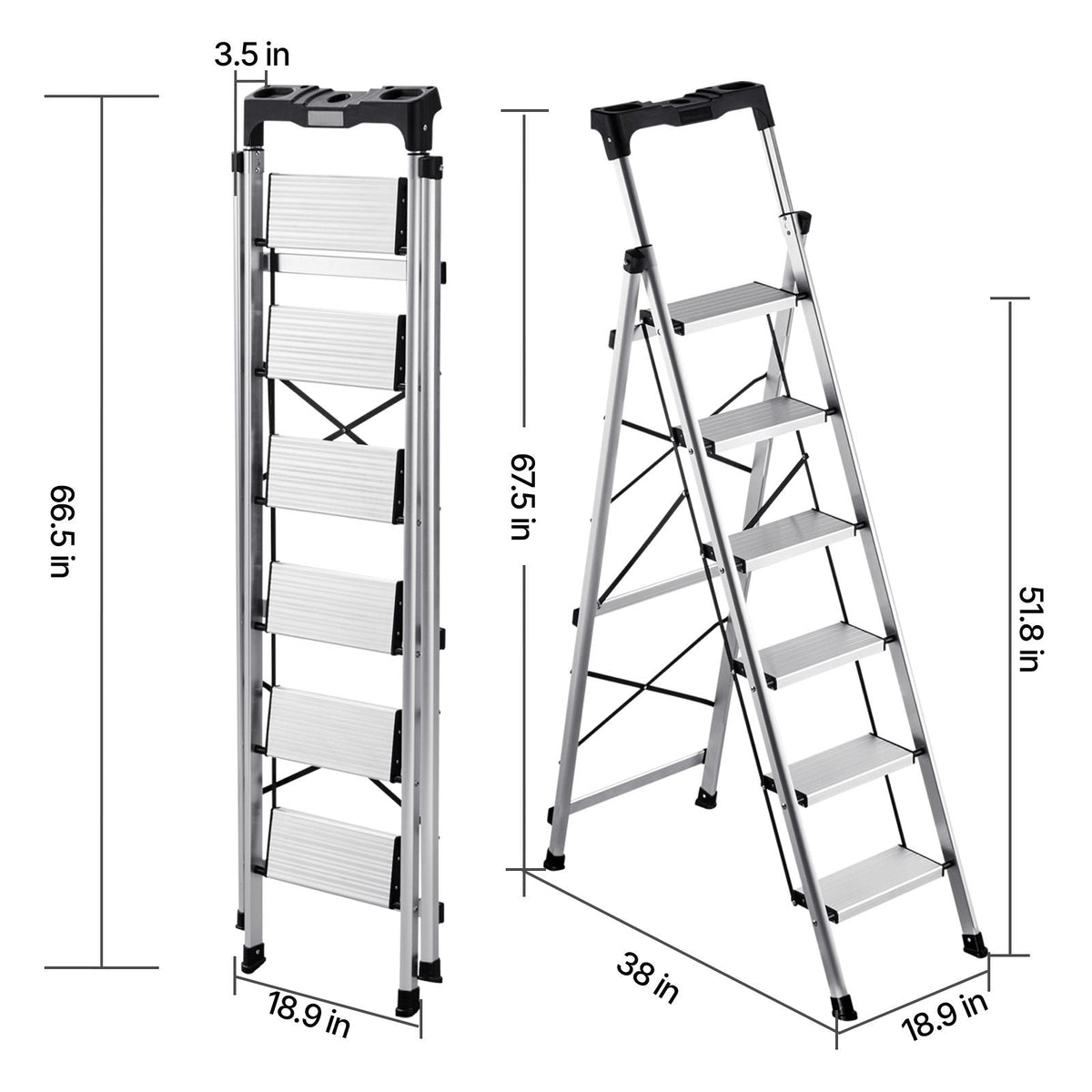 6 Step Ladder, Folding Step Stool with Wide Anti-Slip Pedal and Comfort Handgrip, 330 lbs Capacity Portable Aluminum Stepladder, Multi-Use for Kitchen, Warehouse, Household and Office, Silver