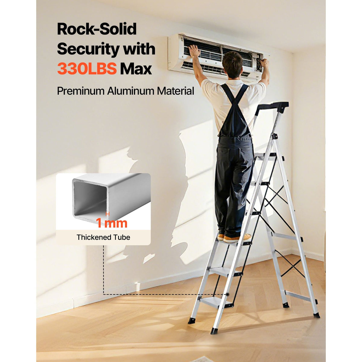 6 Step Ladder, Folding Step Stool with Wide Anti-Slip Pedal and Comfort Handgrip, 330 lbs Capacity Portable Aluminum Stepladder, Multi-Use for Kitchen, Warehouse, Household and Office, Silver