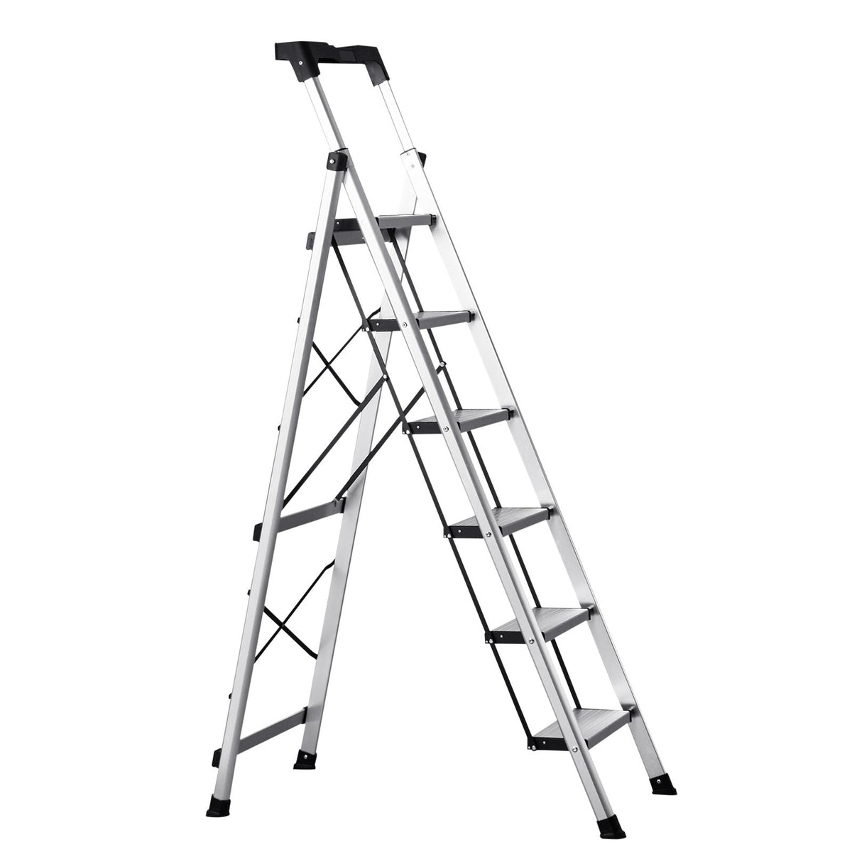 6 Step Ladder, Folding Step Stool with Wide Anti-Slip Pedal and Comfort Handgrip, 330 lbs Capacity Portable Aluminum Stepladder, Multi-Use for Kitchen, Warehouse, Household and Office, Silver