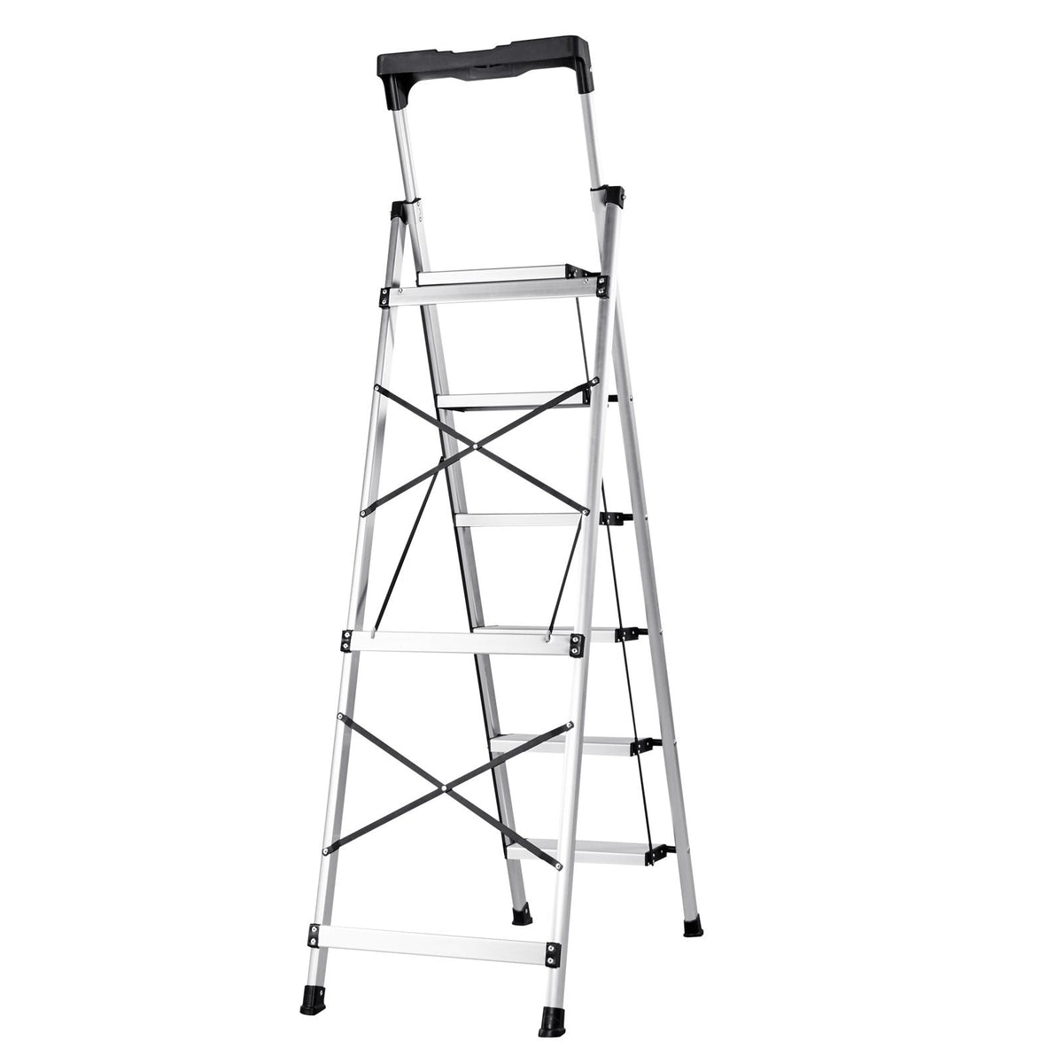 6 Step Ladder, Folding Step Stool with Wide Anti-Slip Pedal and Comfort Handgrip, 330 lbs Capacity Portable Aluminum Stepladder, Multi-Use for Kitchen, Warehouse, Household and Office, Silver