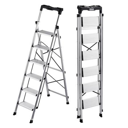 6 Step Ladder, Folding Step Stool with Wide Anti-Slip Pedal and Comfort Handgrip, 330 lbs Capacity Portable Aluminum Stepladder, Multi-Use for Kitchen, Warehouse, Household and Office, Silver